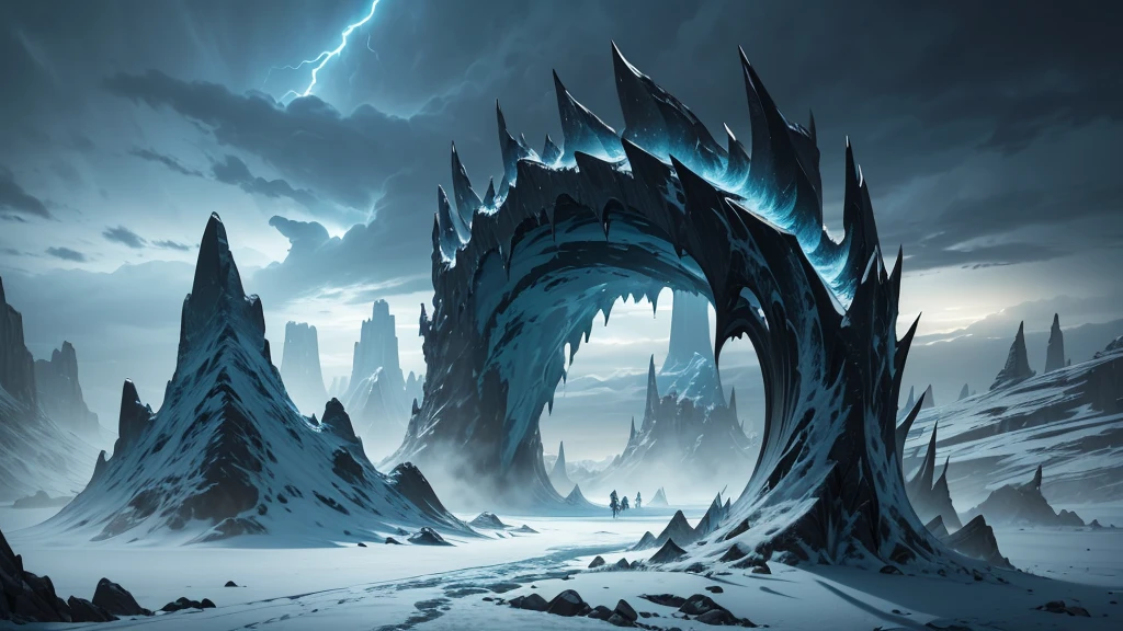 Visualize an endless, frozen wasteland under a pale, sickly sun. The icy terrain is punctuated by jagged, dark ice formations that resemble twisted, malevolent sculptures. The sky is overcast with swirling, dark clouds, and the occasional crackle of frost-rimed lightning hints at the realm’s hidden dangers.