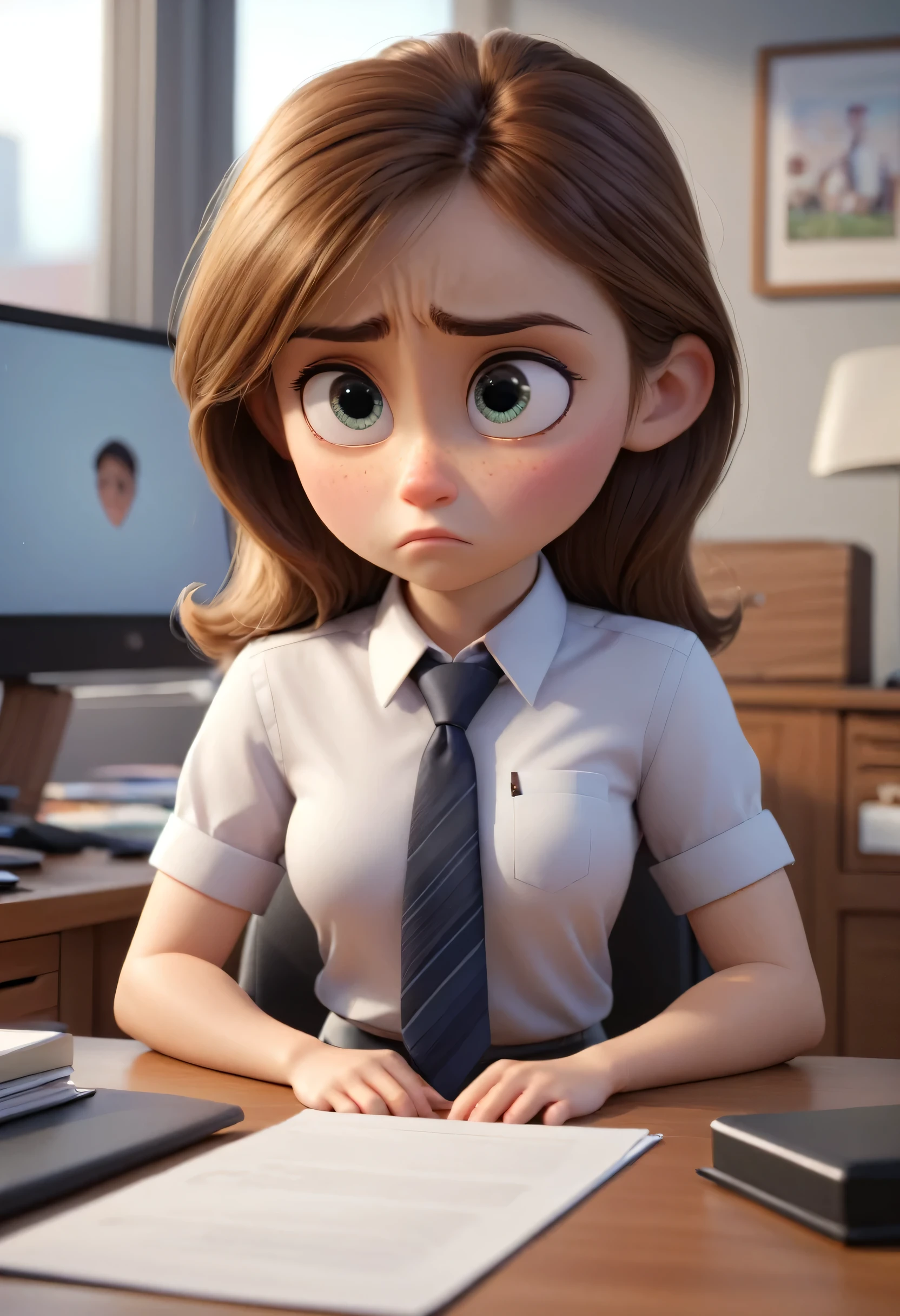 the little muscular and mature girl sitting in her office, she is sad, wearing a shirt with tie. Close up. High quality Pixar hyper realistic image. 4k