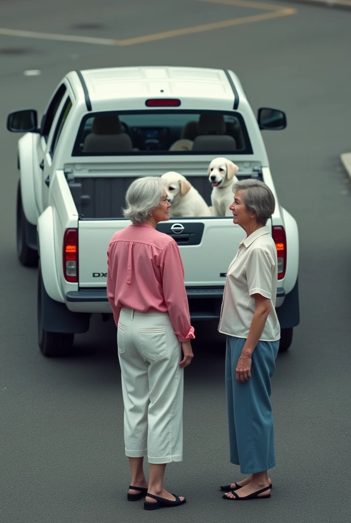 A realistic image taken from above where you can barely see a parking lot with 2 white women, one of them an old woman wearing a pink blouse and white pants and the other a 35-year-old woman wearing a white blouse and blue pants., They are talking and behind them there is a white Nissan Pkup type truck with 3 white puppies