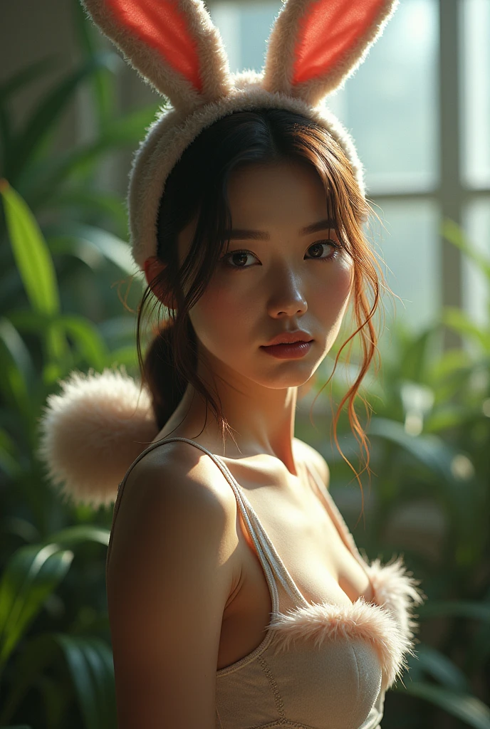 (masterpiece), Realistic, Cinematic Light,Made with fresh plants,the scene's lighting highlights the girl's features、adding depth to the overall composition。. The Cinematic Light casts intriguing shadows、giving the image a dramatic atmosphere.Bunny girl