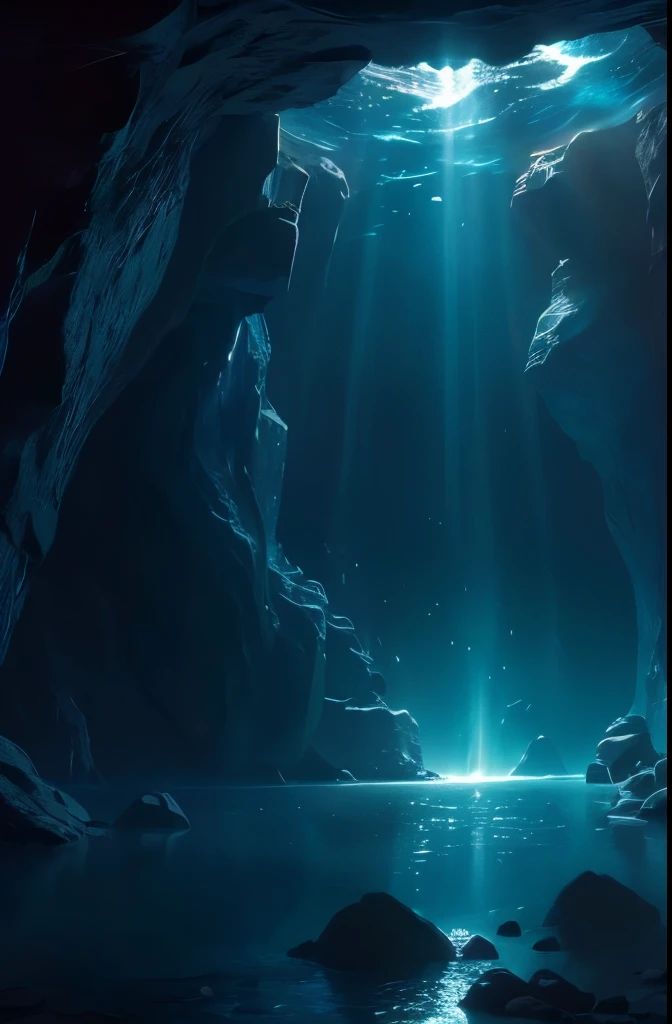 a cave with a light shining through the water, a cave painting by Carl Rahl, flickr, conceptual art, underwater light rays, (((underwater lights))), underwater ocean, underwater glow, underwater looking up, under water scenery, light rays from the surface, underwater view, underwater scene, deep underwater, deep sea landscape, rays of light, amazing light, underwater perspective