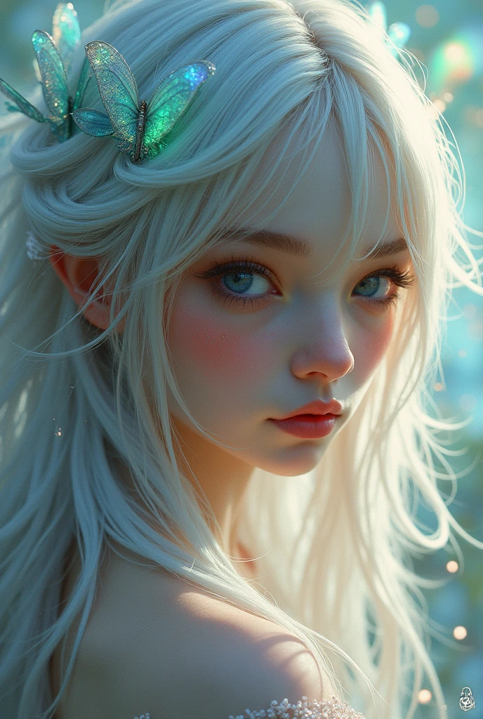 detail, Realism, 4K, , facial detailing, large yellow eyes, Plump lips, Upturned nose, Gray hair on pink hair, A Beautiful Mermaid 🧜♀️ , Full Body Shot Detailed color and size of the picture od Mermaid in water, Flowers in the background, White butterfly in the foreground, Realistic shooting, depth of fields, Soft front light, Glow, nffsw (PastelColors: 1.2), Canon RF 100mm f2.8L 宏 IS USM