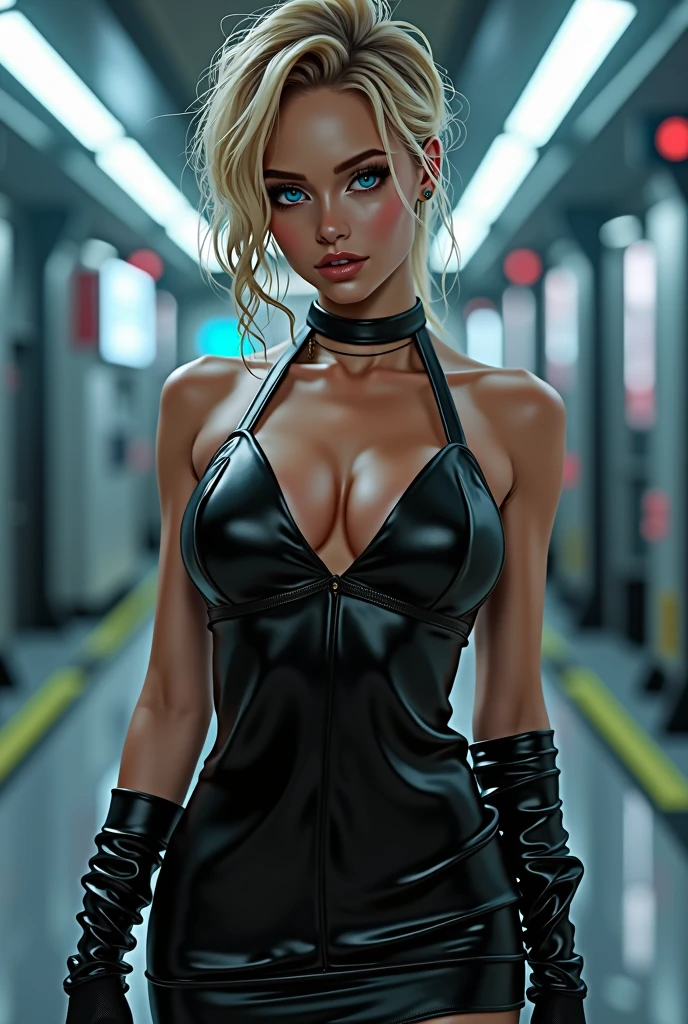 woman, Realistic characters，Bunky Blonde Hair, Black Silk Dress，Show off your breasts，blue eyes, Anime Big Tits, alone, Modern, Cyberpunk Personalities，Full body photo