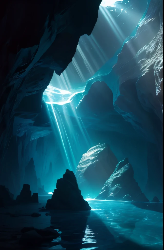 a cave with a light shining through the water, a cave painting by Carl Rahl, flickr, conceptual art, underwater light rays, (((underwater lights))), underwater ocean, underwater glow, underwater looking up, under water scenery, light rays from the surface, underwater view, underwater scene, deep underwater, deep sea landscape, rays of light, amazing light, underwater perspective