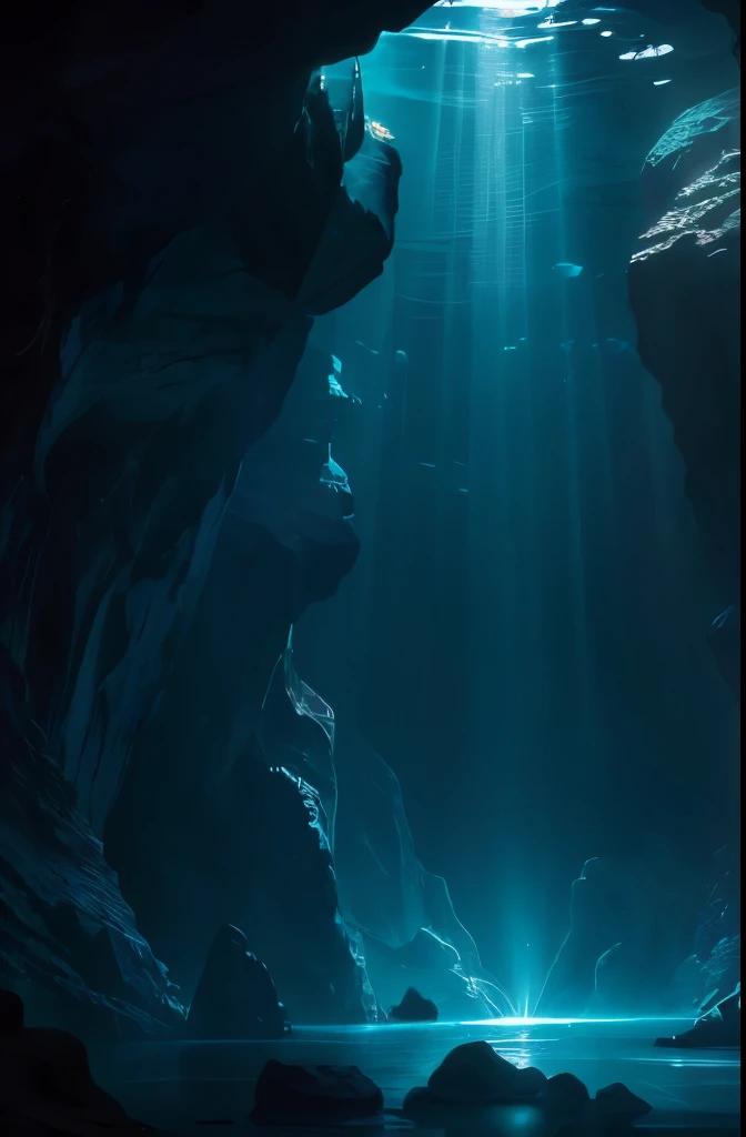 a cave with a light shining through the water, a cave painting by Carl Rahl, flickr, conceptual art, underwater light rays, (((underwater lights))), underwater ocean, underwater glow, underwater looking up, under water scenery, light rays from the surface, underwater view, underwater scene, deep underwater, deep sea landscape, rays of light, amazing light, underwater perspective