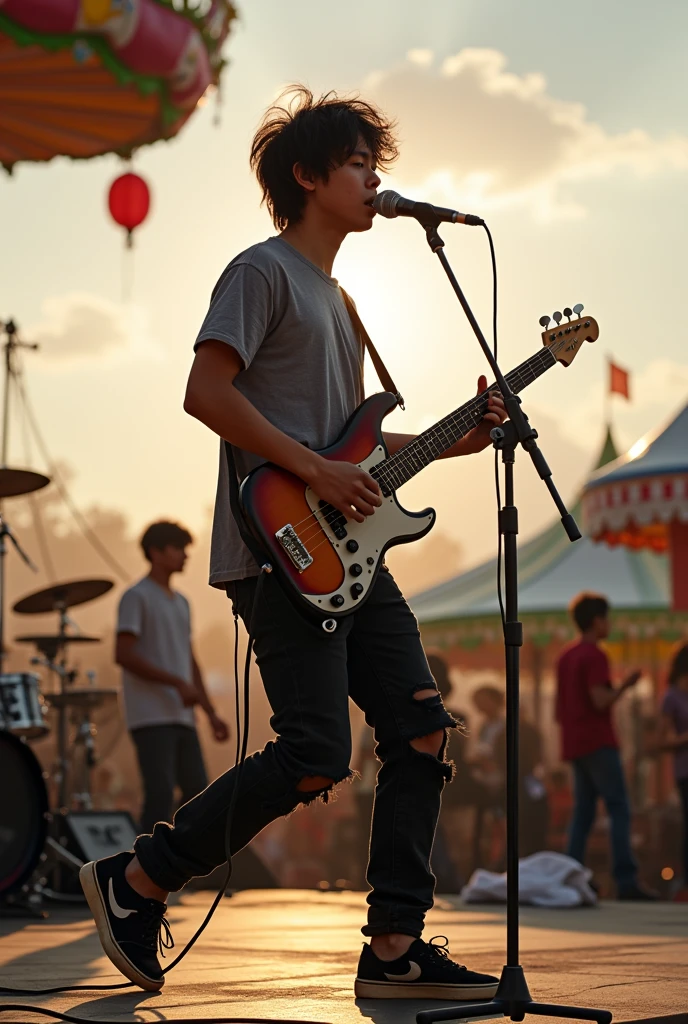 Handsome asian ager 18 year old, singing and playing guitar with his band on the stage. The background at daylight of carnaval playground. he is wearing T-shirt ripped black jeans pants and sneaker shoes, black messy hair, full body sight, 4k detailed photography. completing the captivating image of a talented musician lost in the moment. extremely detailed