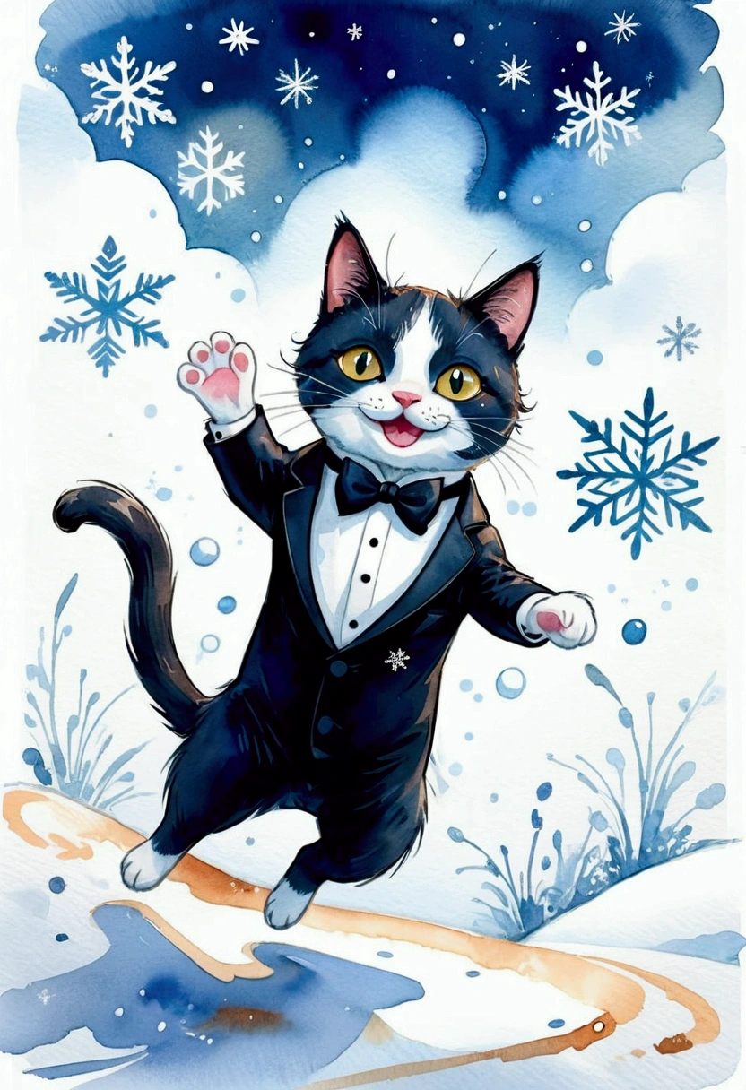 Scene of Happiness, Whimsical watercolor illustration of a tuxedo cat playing in the snow, jumping to catch snowflakes with a big smile. Soft textures, splashes of bright watercolor on textured paper, inspired by Beatrice Blue and Erika Robe, masterpiece, best quality, very aesthetic, absurdres