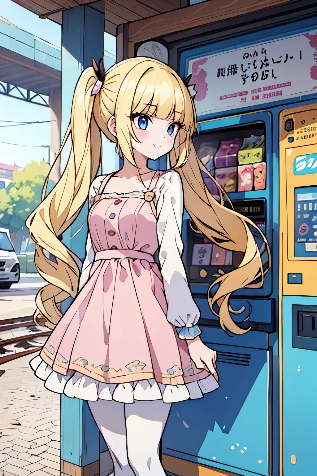 cowboy shot, Young adult girl, 1 girl, pigtails, yellow  hair, blunt bangs, extra long hair, crystal blue eyes, golden blonde hair, voluminous hair, disheveled wavy hair, (medium small breasts), (young female body: 1.4) , Train station background, vending machines and benches, pantyhose, pink pron dress, long sleeves, light pink dress, lapel dress, dynamic posing, on a date, pink top