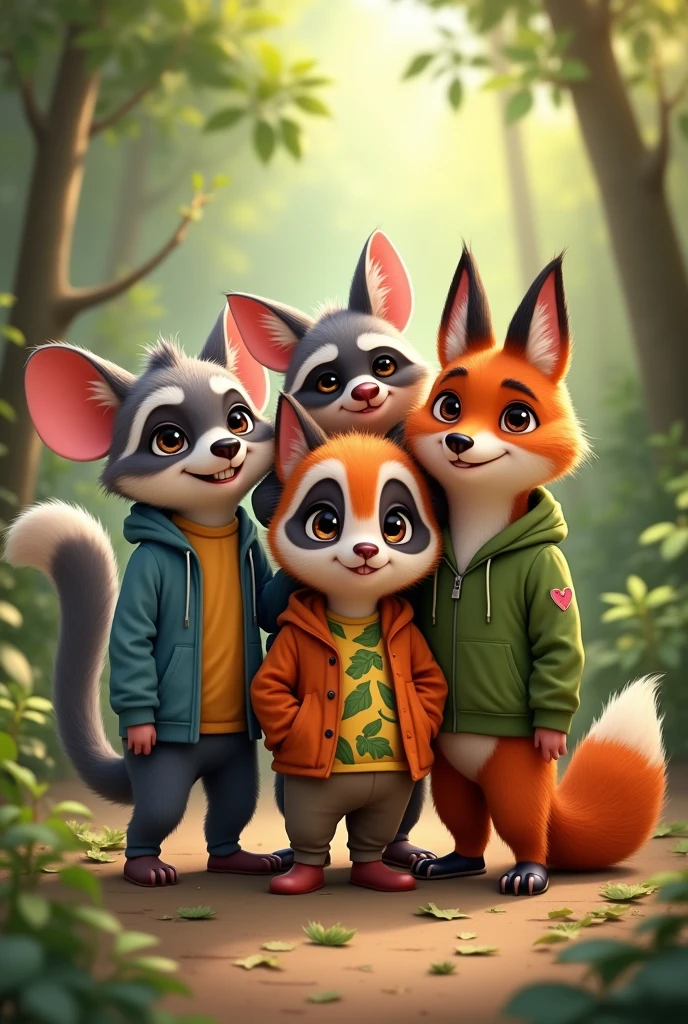 Create an image of a Mouse, sloth, Raccoon and Fox as if they were in a selfie