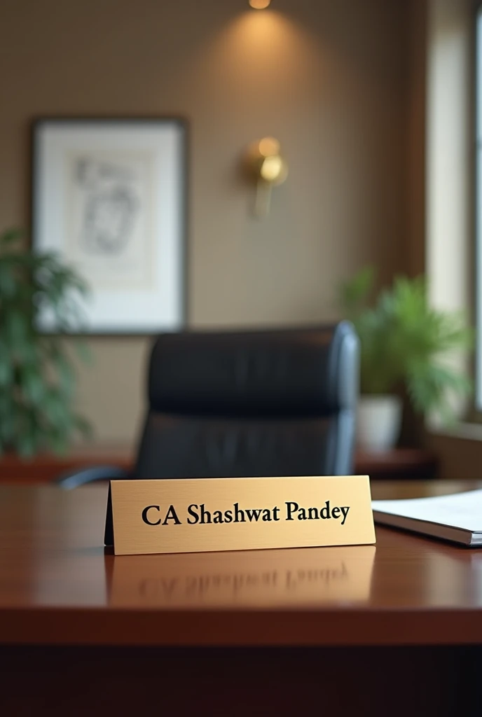 Beautiful office,  CA Shashwat Pandey written on nameplate in one single line with prefix CA on office table  in formal font