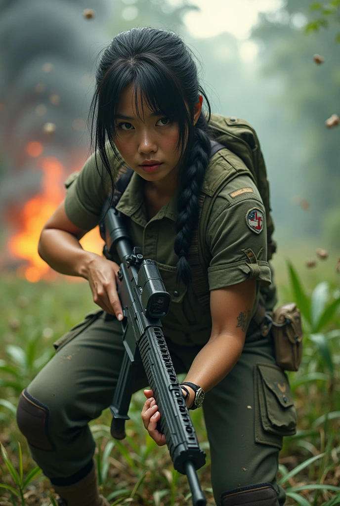 8k,Realistic Photo、Realistic Skin Texture、Superrealism、Japanese women in the US Special Forces、jungle、、rifle、、Hold your gun and be on guard、Tension、Sense of urgency、after the rain、Bulletproof vest、Watch on left arm、Sticks to the skin when moistTshirt、Military Pants、jungleブーツ、Tattoo、humidity、Dynamic pose、Impact、explosion、Bombing nearby、Grass and mud fly off along with the smoke from the explosion.、Coming under attack,The counterattack begins、Deadly Combat