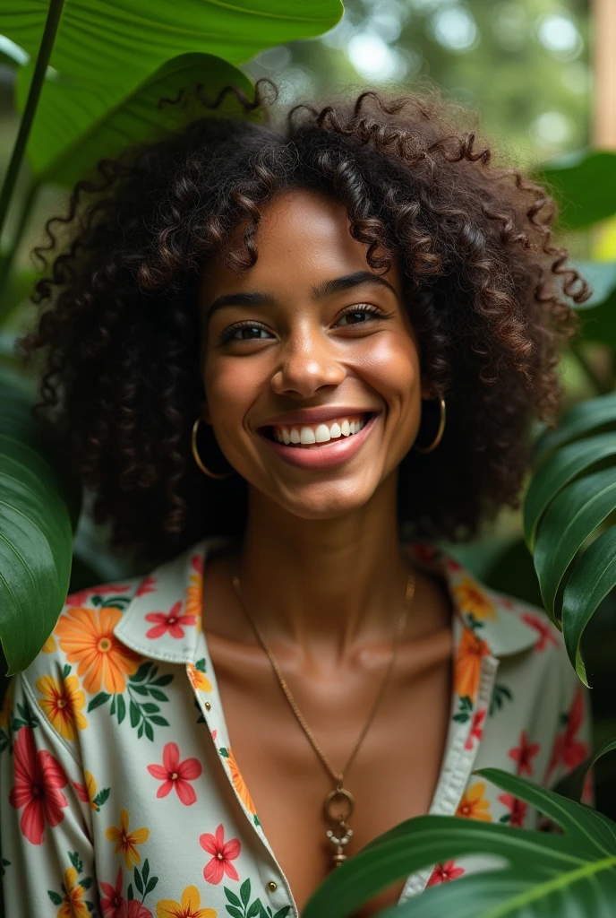 A Brazilian woman in a lush tropical garden, wearing an open shirt with a floral print, with a close-up capturing the harmonious beauty between her breasts and the natural flowers, showing off your natural charm and outgoing personality.