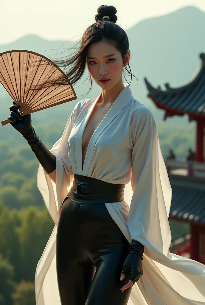 (masterpiece, best quality, beauty),uhd, china female kungfu, korean beauty like tae yon, her face and leg fully visible, shining red eyes,, windblown hair, wear white silk and black leather suit, left hand hilding china traditional leaf fan, standing on top china temple with bamboo foresr seen on far away, best ratio body ,uhd. use the RenderMan renderer.digital art. High definition, high contrast, high color saturation, 3d,128k,cinematic lighting, intricate,cinematic lens, advertising photograph,ultra detail. Dslr,bokeh ,Wallpaper size