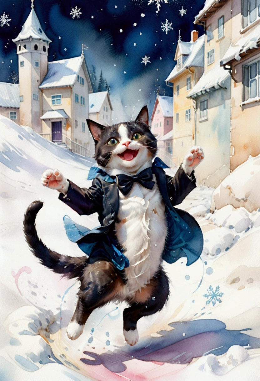 Scene of Happiness, Whimsical watercolor illustration of a tuxedo cat playing in the snow, jumping to catch snowflakes with a big smile. Soft textures, splashes of bright watercolor on textured paper, inspired by Beatrice Blue and Erika Robe, masterpiece, best quality, very aesthetic, absurdres