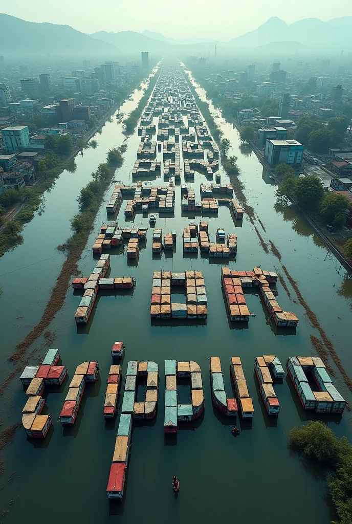 Create an aerial view of a vast flooded city with buildings and mountains in the distance. The foreground is filled with countless vehicles and tents arranged in a grid pattern, forming large letters that spell out as 'PRAY FOR TRIPURA.' The scene should convey a sense of urgency and focus, with the letters made up of the vehicles, tents and buildings standing out prominently against the flooded background.