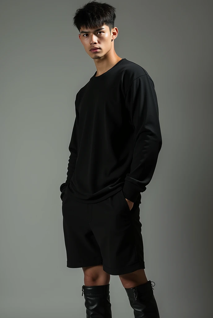 a realistic photo of a young man with a serious expression wearing a black long sleeve shirt, a pair of short black shorts and black knee-high boots
