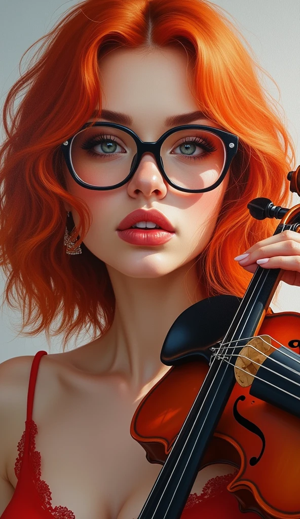 High-quality realistic acrylic art, vivid colors, 35-YEAR-OLD WOMAN WEARING LARGE GLASSES PLAYING VIOLIN, SENSUAL AND CHARMING, delicious, Linda, perfect symmetrical body, (((RED HAIR))), EYES COLOR SNOW WHITE, , Messy hair, BATTON READY, beautiful woman, cleavage, ( higher quality, high resolution, 16K, no mistakes). New NSFW.