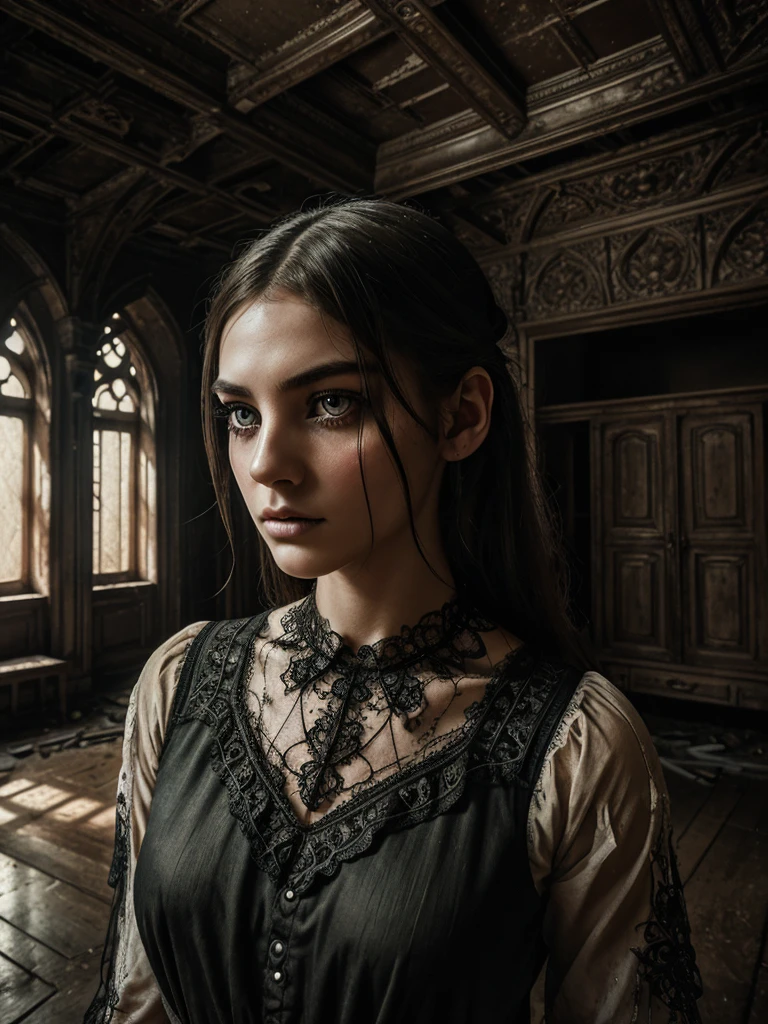 A girl exploring an old abandoned mansion in the countryside, beautiful detailed eyes, beautiful detailed lips, extremely detailed eyes and face, long eyelashes, ornate architecture, cobweb-covered furniture, dusty floorboards, dim lighting, moody atmosphere, oil painting, cinematic camera angle, dramatic lighting, muted color palette, gothic horror, dark fantasy