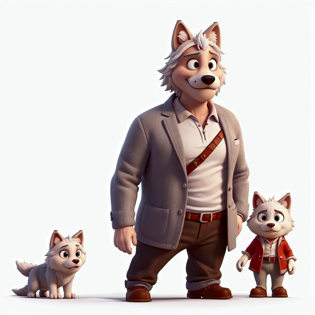 Create a version of Disney&#39;s Big Bad Wolf, with a friendly look and feel, with a cute look. He is dressed in a stylish red blazer and white t-shirt., but with a comic touch and must be in front of a pulpit with a microphone. The character must appear in full body and must have soft and charming features., with a detailed and expressive 3D image style. Keep the background white, simple to highlight the figure. Design should evoke a welcoming feeling, maintaining features that resemble a wolf, like pointy ears, the long tail, the wolf&#39;s snout.