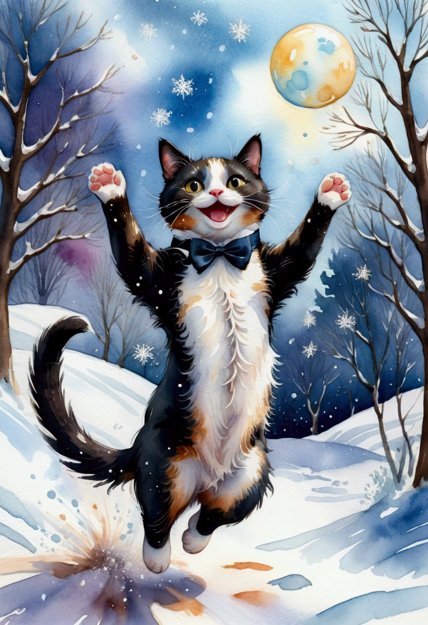 Scene of Happiness, Whimsical watercolor illustration of a tuxedo cat playing in the snow, jumping to catch snowflakes with a big smile. Soft textures, splashes of bright watercolor on textured paper, inspired by Beatrice Blue and Erika Robe, masterpiece, best quality, very aesthetic, absurdres