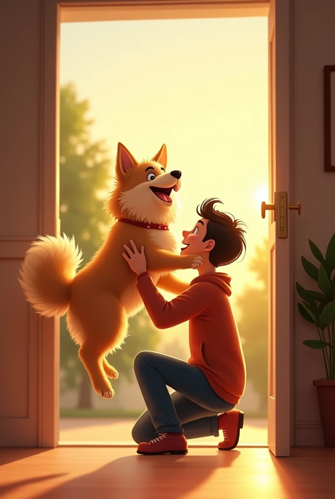 Pet Welcoming Owner Home: An excited dog jumps and wags his tail frantically while his owner, just arrived home, kneels down to hug him, with a half-open door letting in the evening light.