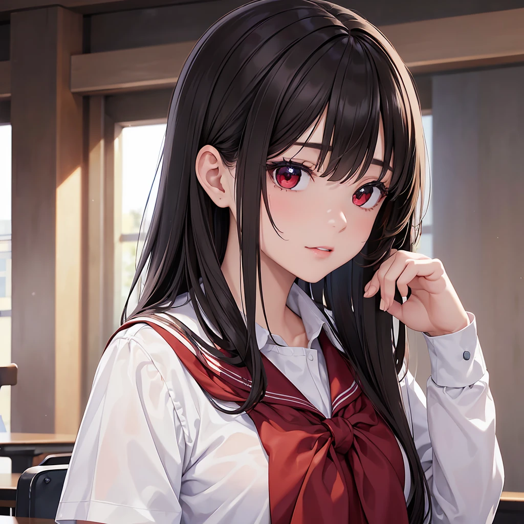 (masterpiece), (best quality), (high resolution), resolution, beautiful detailed eyes, highly detailed face, 1 girl, beautiful, beautiful red eyes, flat expression, (wearing school uniform), perfect body, (hair black), (covered clothes), ((Background of such a big school),((perfect detailed background)).