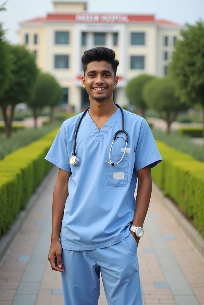 17 year old Indian boy wearing normal doctor dress posing for name Nadeem hospital park in background