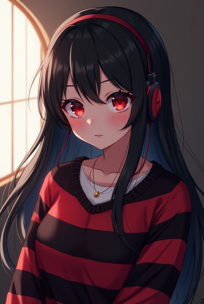 anime art/Girl/black hair/red eyes/red and black striped sweater/necklace/headphones/in front/with long hair