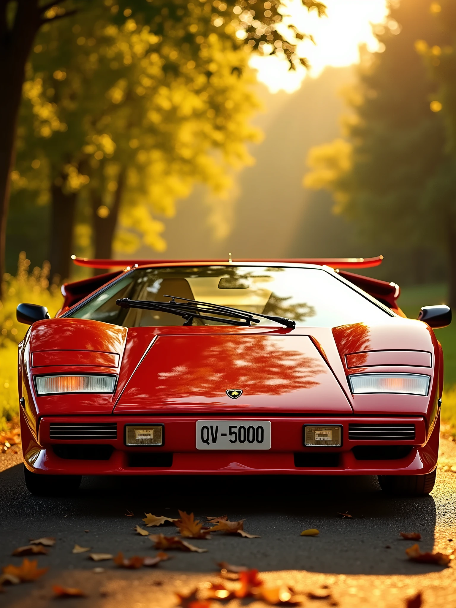 A captivating cinematic photoshoot of a pristine white Lamborghini Countach, exuding luxurious and powerful presence. The vibrant red exterior glistens in the golden sunlight, creating a stunning contrast with the warm, savannah-colored interior. The meticulous detailing and craftsmanship are evident, further enhancing the car's allure. The Swiss license plate "QV 5000" stands out prominently on the front. The Lamborghini is parked in a tranquil, sunlit setting, where sunlight filters through the trees and casts a magical golden glow. The lush, green background adds depth and perspective, encapsulating the iconic essence of the Lamborghini brand and creating an unforgettable cinematic experience., photo, cinematic