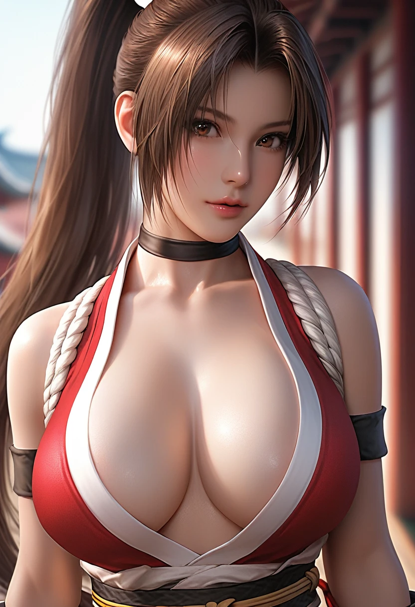 score_9, score_8_up, score_7_up, Girl's profile picture, realistic skin texture, detailed picture, HD32k, 1girl, solo, long hair, breasts, looking at viewer, large breasts, (extremely soft breasts, breasts apart), brown hair, cleavage, bare shoulders, brown eyes, upper body, ponytail, japanese clothes, sleeveless, choker, blurry, lips, parted bangs, sash, blurry background, high ponytail, rope, armband, (face focus:1.2), close-up, standing, head tilt, ninja, shiranui mai,Painstaking Attention To Details