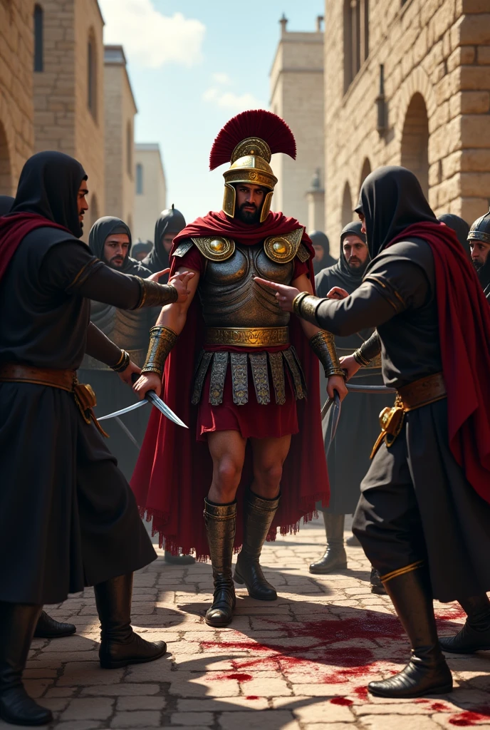 Generate a detailed image of a group of Zealots attacking and stabbing a Roman soldier. The scene takes place on a cobblestone street in an ancient Judean city, with stone buildings in the background. The Zealots, dressed in dark robes and armed with daggers, surround the Roman soldier, who is wearing lorica segmentata armor and a helmet with a plume. The Roman, surprised and trying to defend himself, has already been wounded several times. The expression on the soldier’s face reflects pain and desperation, while the Zealots display determination. The scene is intense, capturing the violence of the moment.