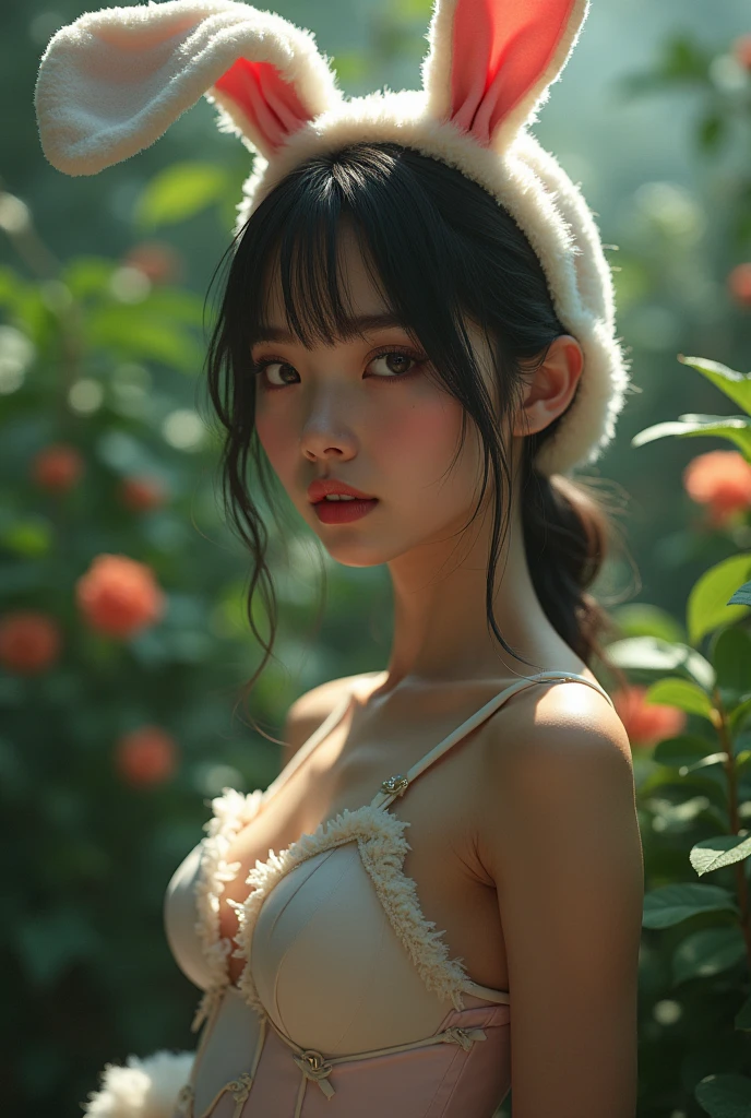 (masterpiece), Realistic, Cinematic Light,Made with fresh plants,the scene's lighting highlights the girl's features、adding depth to the overall composition。. The Cinematic Light casts intriguing shadows、giving the image a dramatic atmosphere.Bunny girl