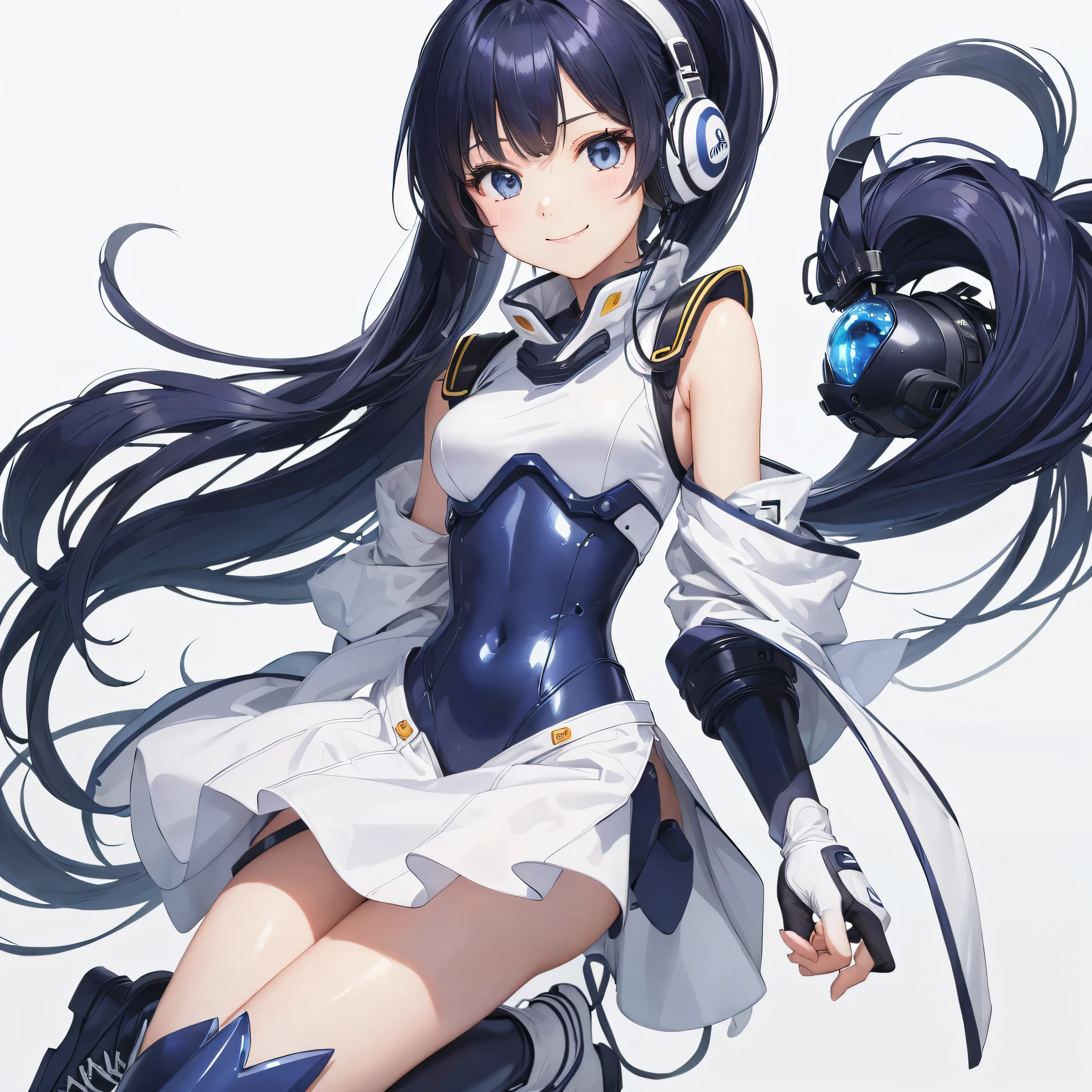 Mecha Wings、White and blue skirt、Accentuated thighs、White tights、chest、Beautiful black hair、1 girl、solo girl、Thick thighs、IS、Frame Arms Girl、Alice Gere Aegis、White Armor、Blue and purple lines、income、headphone、hand on own chest、smile