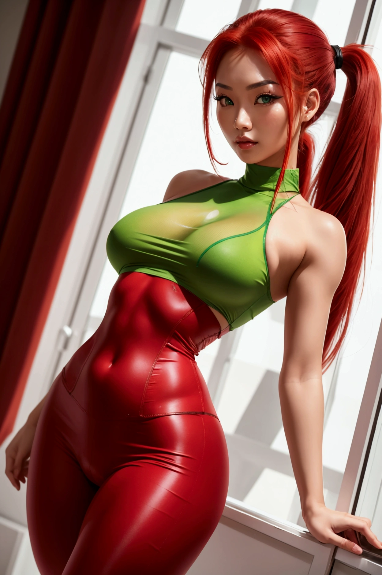 Expires in 13 Day(s)
A and sexy beautiful female asian, long red hair in a pony tail, vibrant green eyes, skin tight see through shirt, red skin tight leggins, majestic curves, full body. A natural scene background