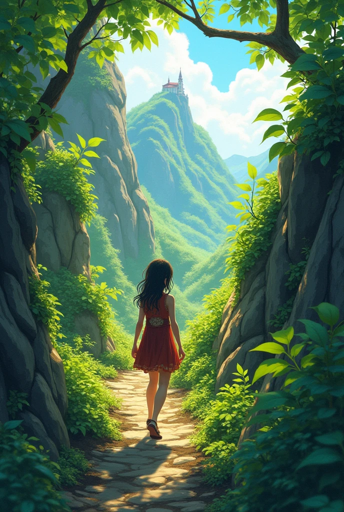 Aiko climbing a steep, verdant mountain path. The scenery is lush and full of vibrant greenery. Aiko is depicted with determination, and the mountain is bathed in golden sunlight, highlighting the beauty of the ascent. Include a hint of the distant monastery at the peak."