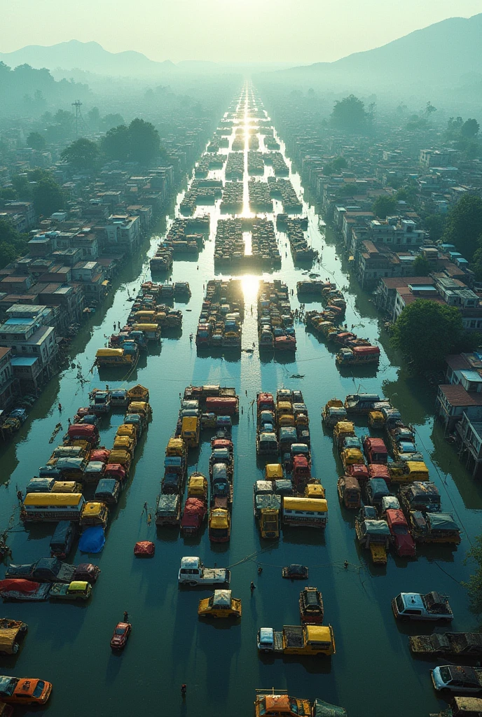 Create an aerial view of a vast flooded city with buildings and mountains in the distance. The foreground is filled with countless vehicles and tents arranged in a grid pattern, forming large letters that spell out as 'PRAY FOR TRIPURA.' The scene should convey a sense of urgency and focus, with the letters made up of the vehicles, tents and buildings standing out prominently against the flooded background.