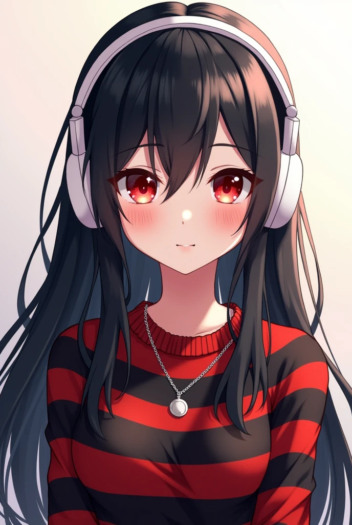 anime art/Girl/black hair/red eyes/red and black striped sweater/necklace/white headphones/in front/with long hair