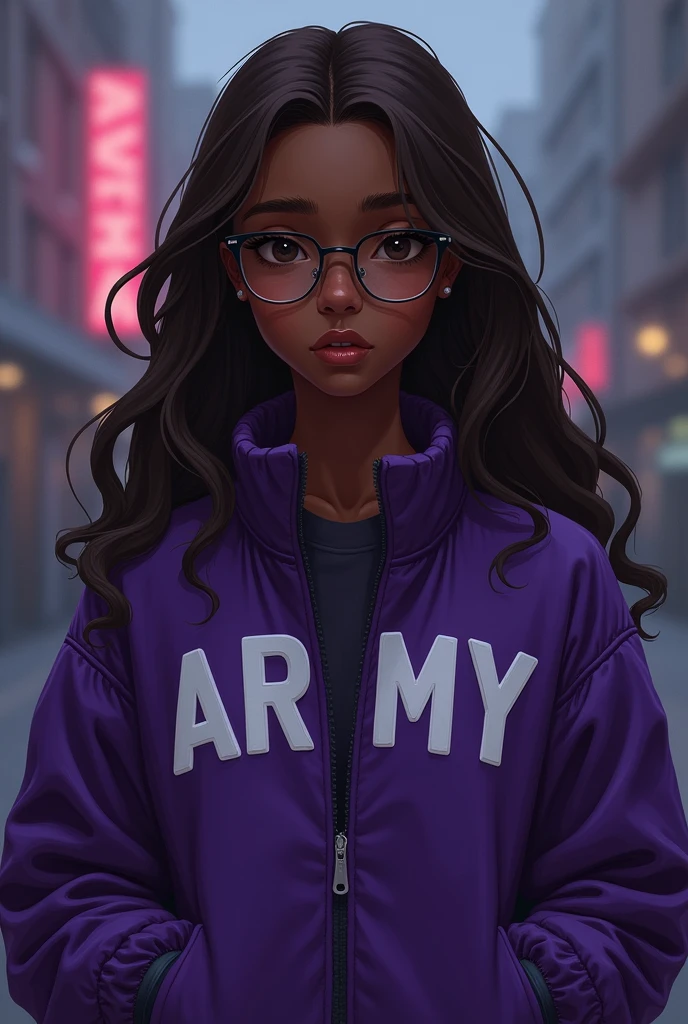 Dark skinned teenage girl with long brown hair and glasses wearing a purple jacket that says ARMY