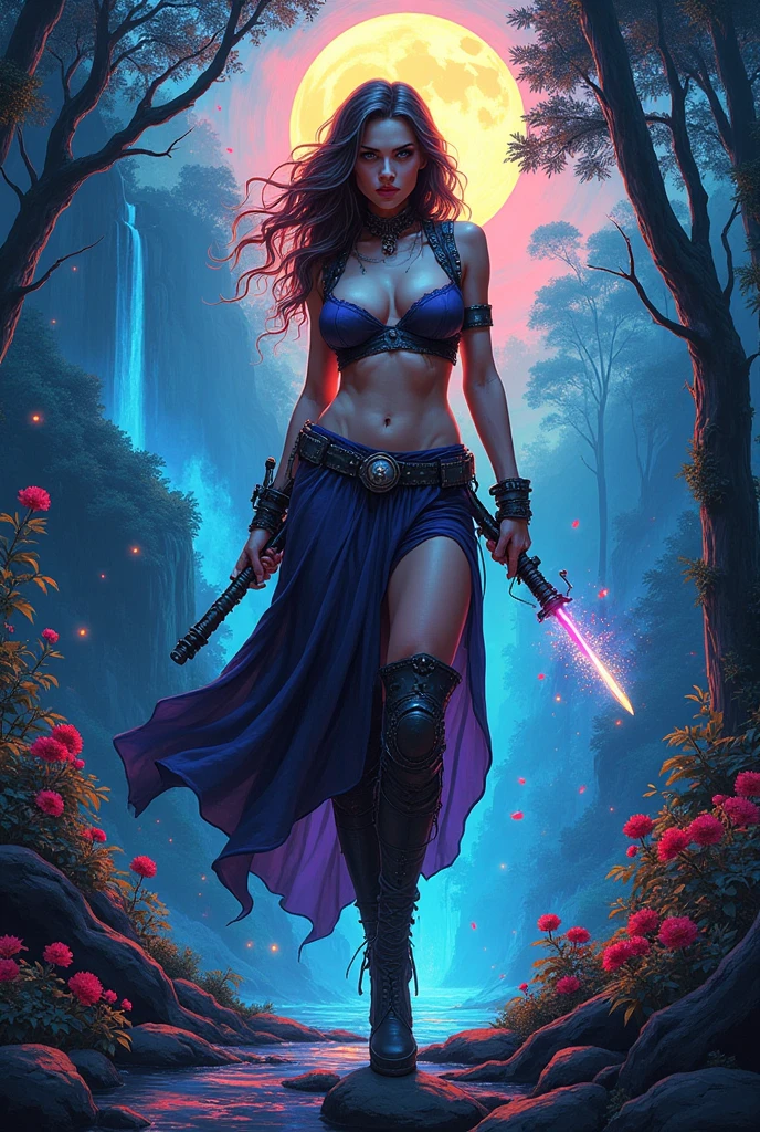 45 degree tilt angle ((Masterpiece Neon Pop Art Progressive) Biomechanics Ink Painting Anatomy Vitruvian (Highest Quality) (Very High Detail) (Best Illustration) Wallpaper Full body painting in the style of collaboration of Ilya Kuvshinov by Salvador Dali Woman Muscular Beautiful Six-pack Beautiful Very Big Breasts Sexy Tempting Charming Witch Wizard With Weapons Illuminated by Moonlight Looking at the Viewer Dynamic Action Surrounding Shadows Backlight Waterfall Night Jungle Luminous Trees Luminous River ((Steam Fog)) Firefly Environment Yellow Lights Bright Colors Fresh Beautiful