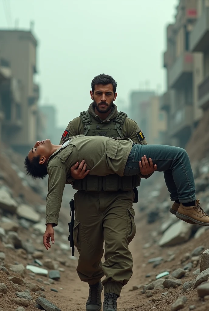 Israeli soldier in the ruins of Gaza holding up a Palestinian body 