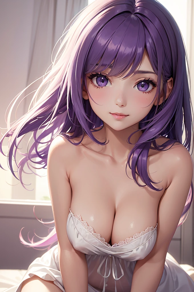Best Quality,High resolution,8k,(plain white background, no patterns, no textures, just a plain white background:1.3),Masterpiece:1.2),beautiful girl,Big Breasts,(Shiny purple hair:1.3),(bob cut:1.2),Beautiful purple eyes,A young girl dressed in a sophisticated, silky negligee is seen rubbing her eyes sleepily, her movements slow and drowsy. The negligee, which drapes elegantly over her frame, enhances her delicate and slightly grown-up appearance. Her hair is slightly tousled, and she has a soft, relaxed expression as she tries to stay awake. The scene captures a quiet, intimate moment, with the room softly lit, creating a warm and peaceful atmosphere,Gentle look,A refreshing look,smile,Best quality,Best Quality,Aesthetic and aesthetic:1.2,Best details((Super detailed))(High-definition CG illustrations),Slender body,smile,blush,cute,Scrounge,Looking up,Being spoiled,super model