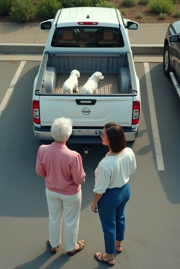 An image taken from above where you can barely see a parking lot with 2 white women, one of them an old woman wearing a pink blouse and white pants and the other a 35-year-old woman wearing a white blouse and blue pants., They are talking and behind them there is a white Nissan Pkup type truck with 3 white puppies