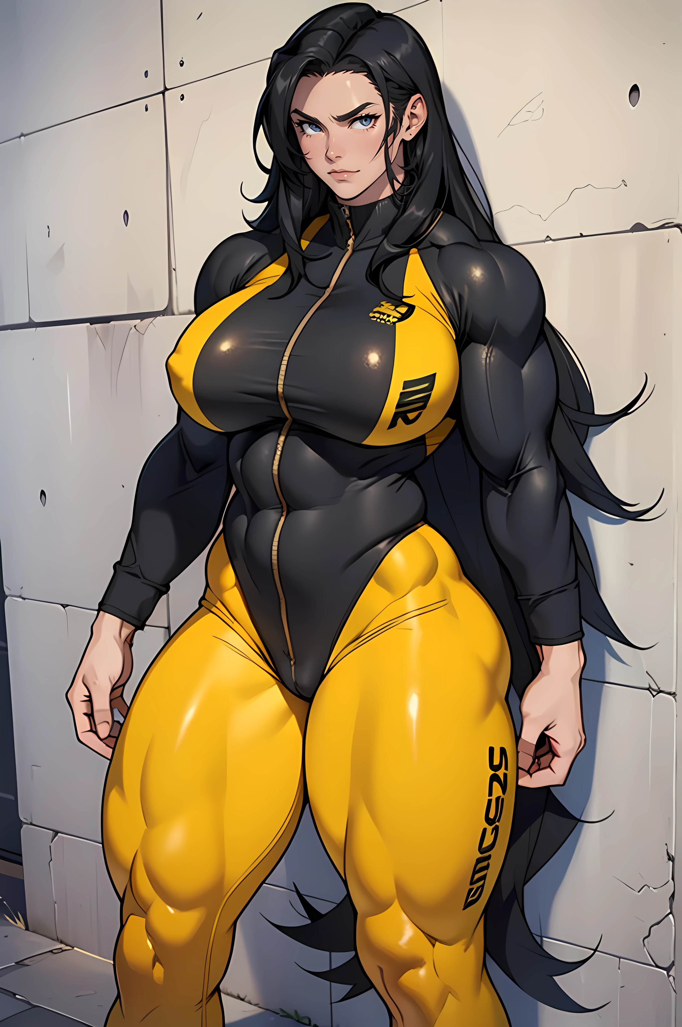 solo, ((1 girl)), very long hair, black hair, angry, yellow eyes, ((((Massive Female Bodybuilder)))), ((Giant Tits)), ((thick thighs)), ((wide hips)), (cowboy shot), pale skin, standing, toned body, against wall, tight suit
