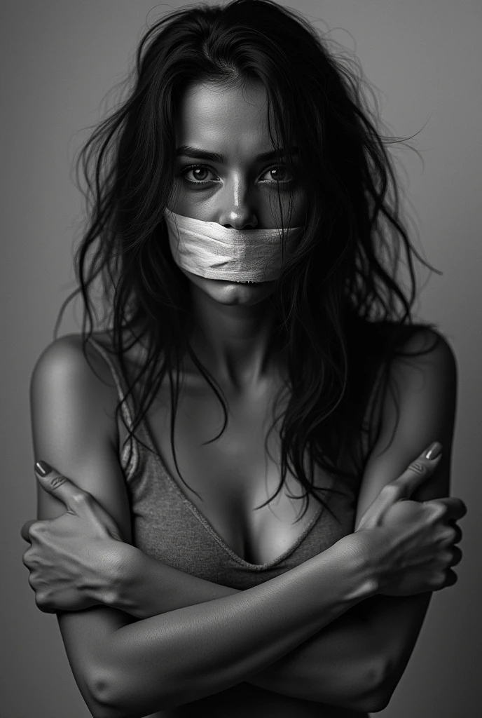 woman with tape on her mouth, prevented from speaking. bruised. Showing the arms. black andwhite