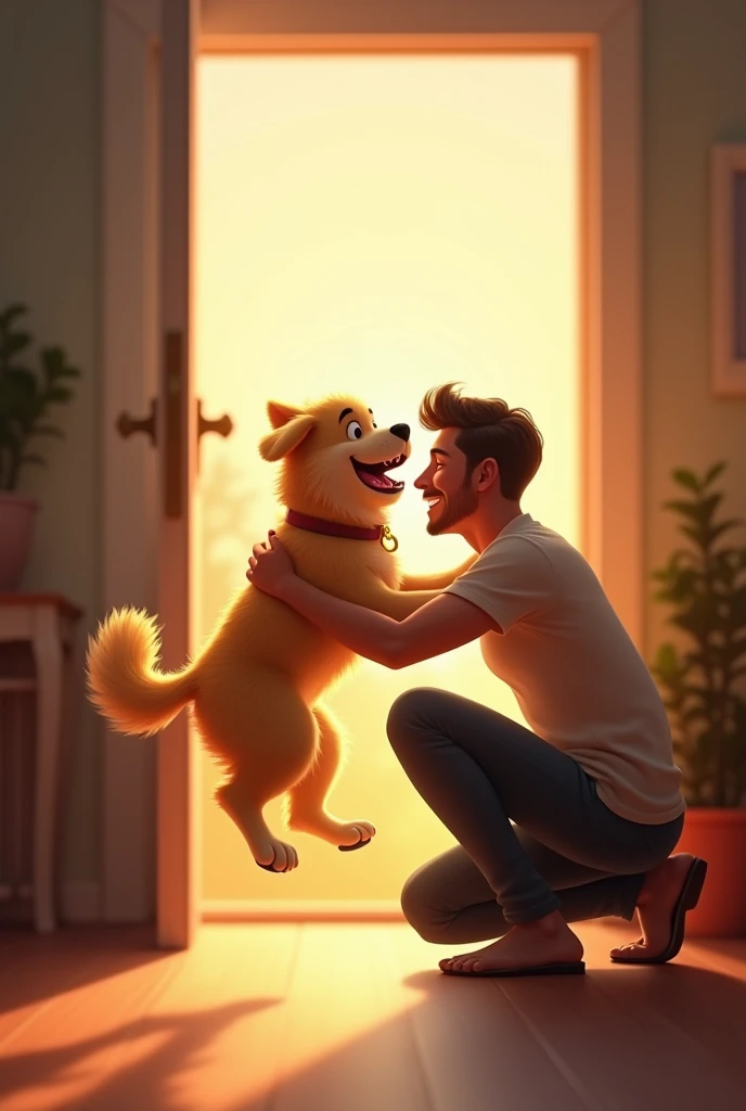 Pet Welcoming Owner Home: An excited dog jumps and wags his tail frantically while his owner, just arrived home, kneels down to hug him, with a half-open door letting in the evening light.