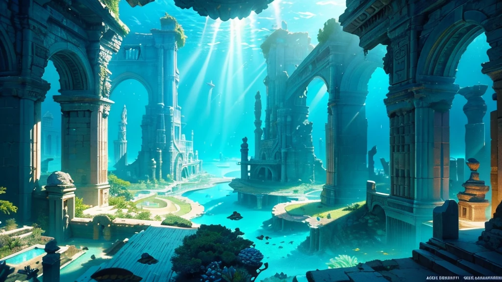 a mythical underwater city of Atlantis, detailed underwater scene, beautiful coral reefs, schools of tropical fish, giant sea creatures, glowing bioluminescent plankton, ancient ruins and architecture, sunlight filtering through the water, photorealistic, cinematic lighting, stunning 8k detailed rendering
