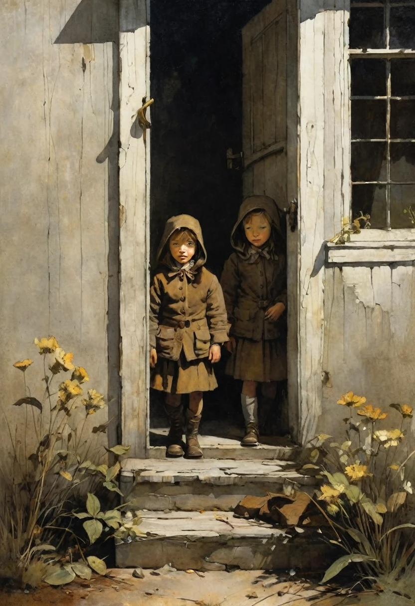 cartoon "Homeless Brownies":
About 2 little brownies who were driven out of the house by an evil mistress.   masterpiece. The art by Andrew Wyeth features a muted floral palette and dry brush technique that creates a calm animation feel.  mystical light and shadows.