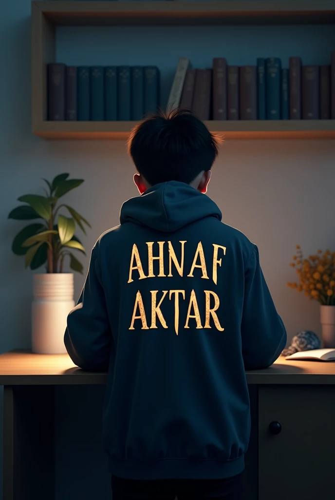 Create imagine of a -yeld boorking on a laptop, viewed from behind, wearing a jacket with the text "Ahnaf Aktar" written in a style inspired by the Harry Potter font. The environment is dark, with a clean room and books on a shelf.the picture should be from the back the text should be in back.