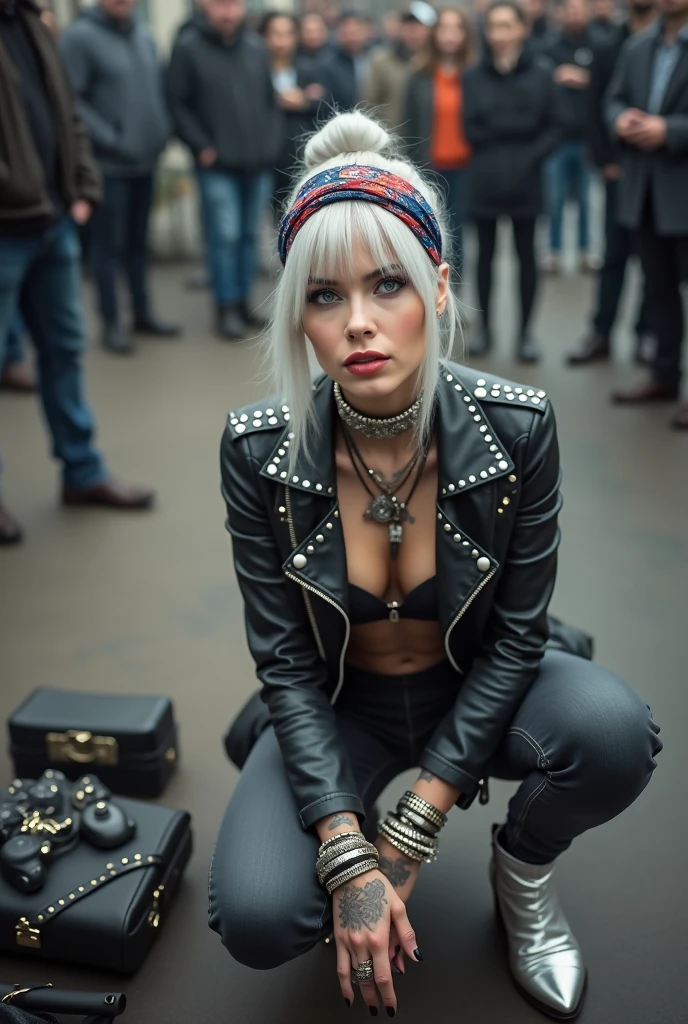 russian old milf woman, grey hair (top bun) and wide colourful bandana as headband, with very light blue eyes, extremely pale. Wearing studded cropped black moto jacket with lots of zippers and pins, black push up bra with white seams , dark skinny blue jeans and pointy silver Chelsea boots with cuban heels . Studded Choker. Lots of metallic bracelets and collars. Tacky wide studded leather belt with oversized skull and bones buckle. Long bohemian earrings. Squatting, looking at the camera with submissive facial expression. Hands on her knees, showing off bracelets and rings. Listening in amazement to somebody speaking to her, toned six pack abdominals, thin neck, slim legs and thin arms. Tattoed heavily. A lot of people around looking at her, next to her, all her belongings on the floor