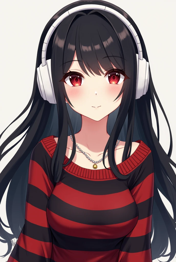 anime art/Girl/black hair/red eyes/red and black striped sweater/necklace/white headphones/in front/with long hair